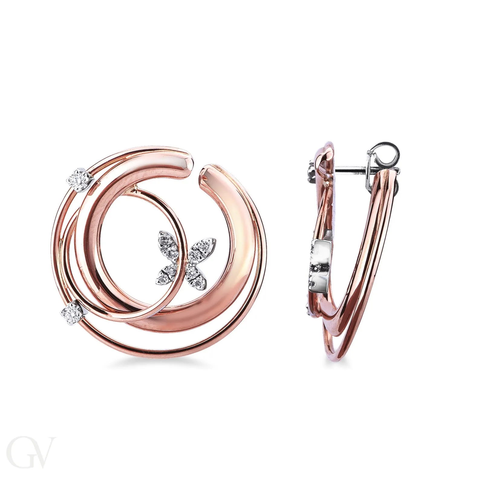 Orecchini a 3 file in oro rosa e bianco 18k con diamanti