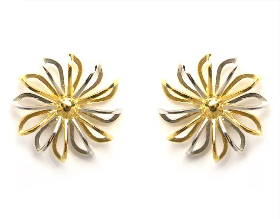 Orecchini a fiore traforato in oro bianco e giallo 18kt